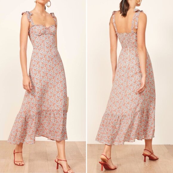 Floral Ruffle Long Midi Dress by Manu Reformation Nikita Shelby White Blue 2/XS - Picture 1 of 16